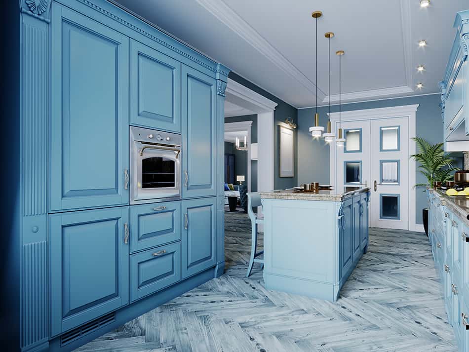 Blue wooden kitchen cabinets combining classic and contemporary design
