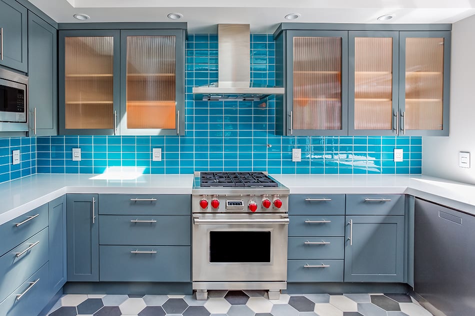 Soft egg blue wooden kitchen cabinets