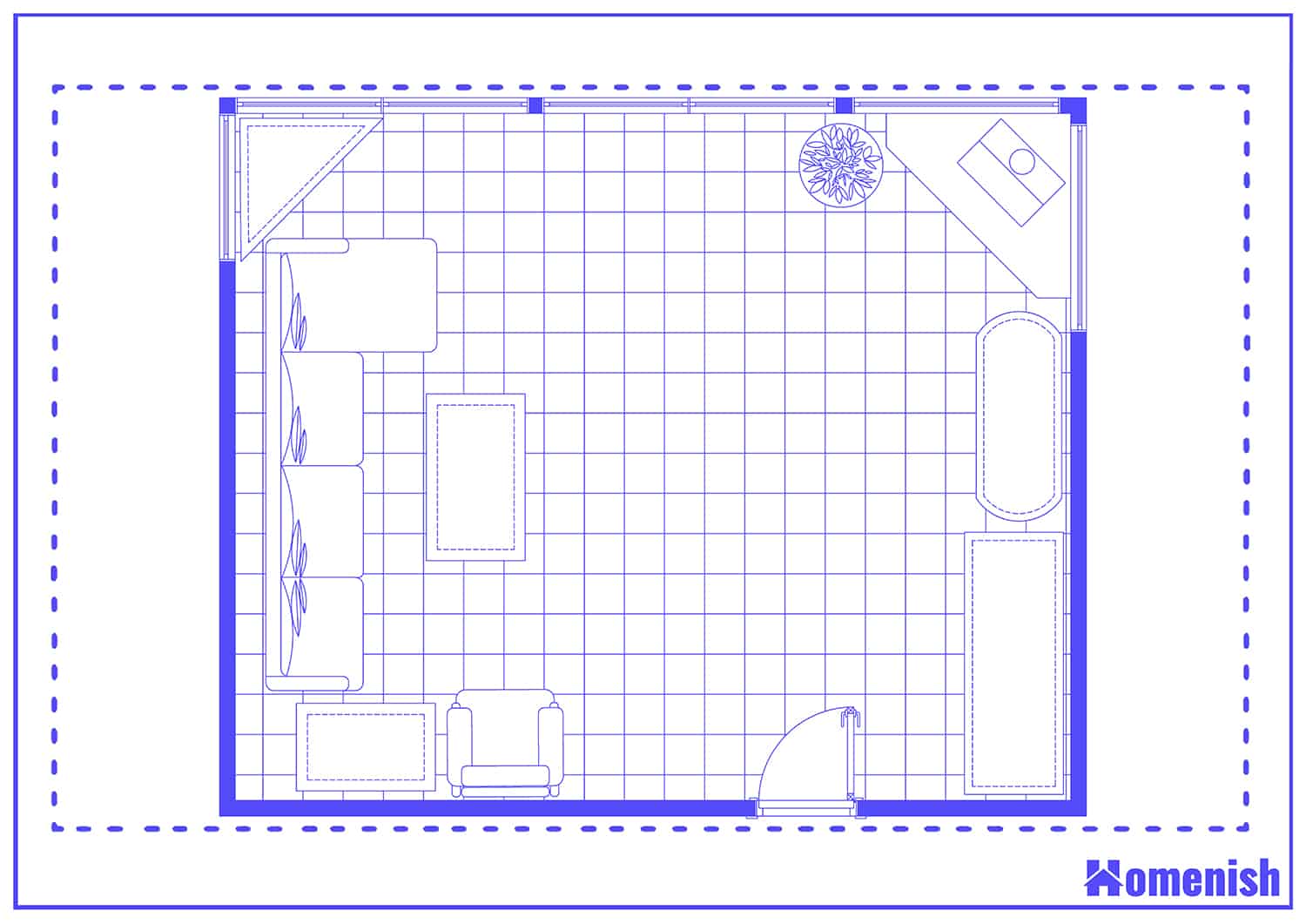 Bright Living Room with Corner Stove Floor Plan