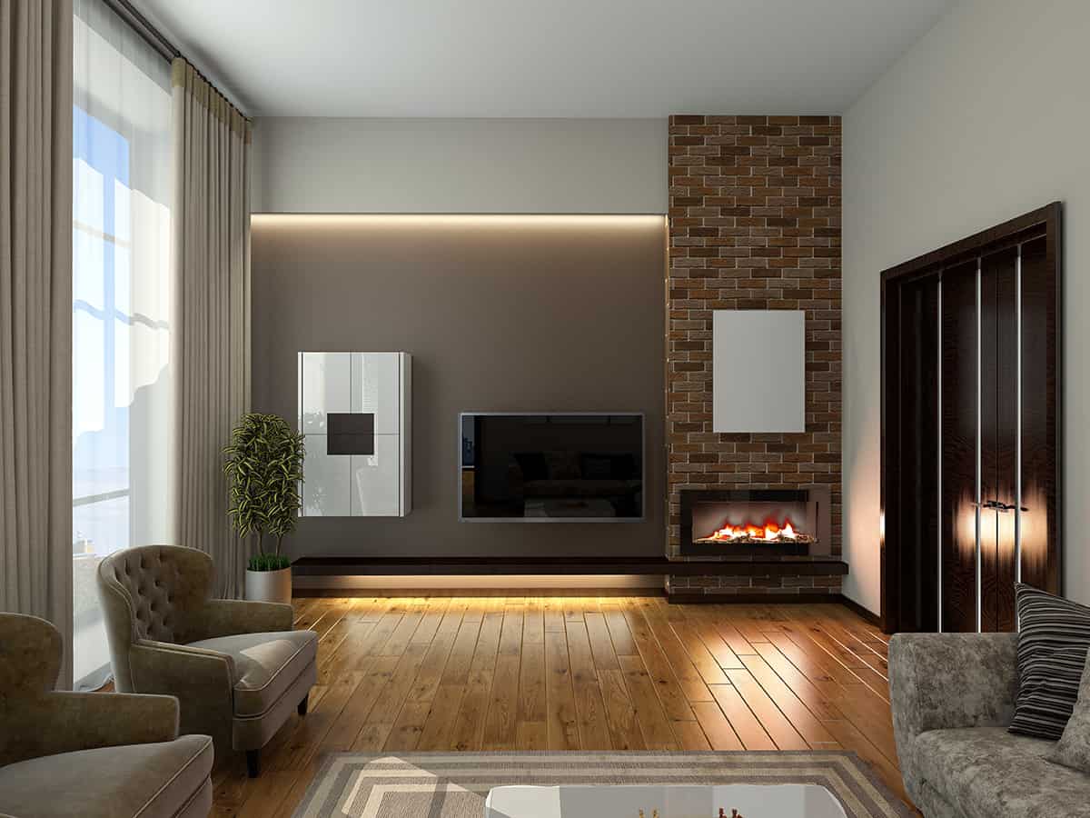 Living Room with Brick Fireplace