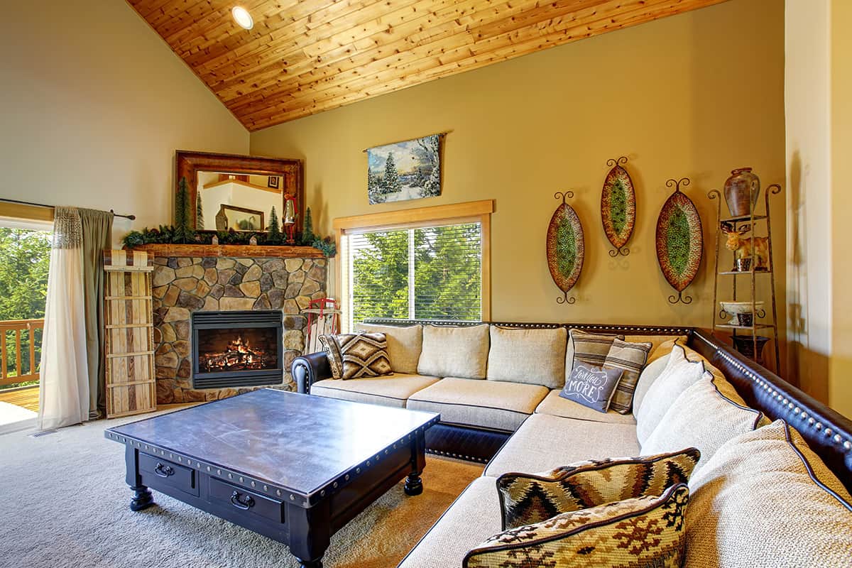 Stone Fireplace in Wooden Lodge