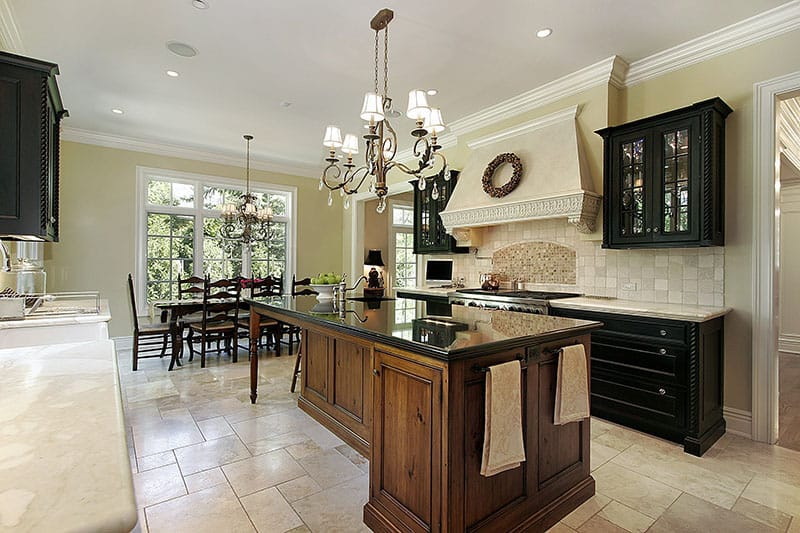 Black Island Countertop With Wooden Cabinet With No Stools