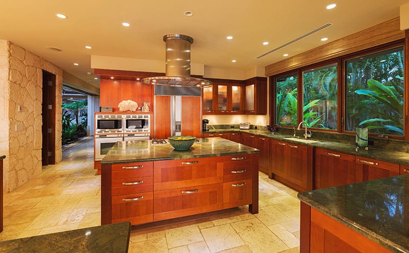 Beaming Countertop Island With Wooden Cabinets In Luxury Cool Peaceful Home