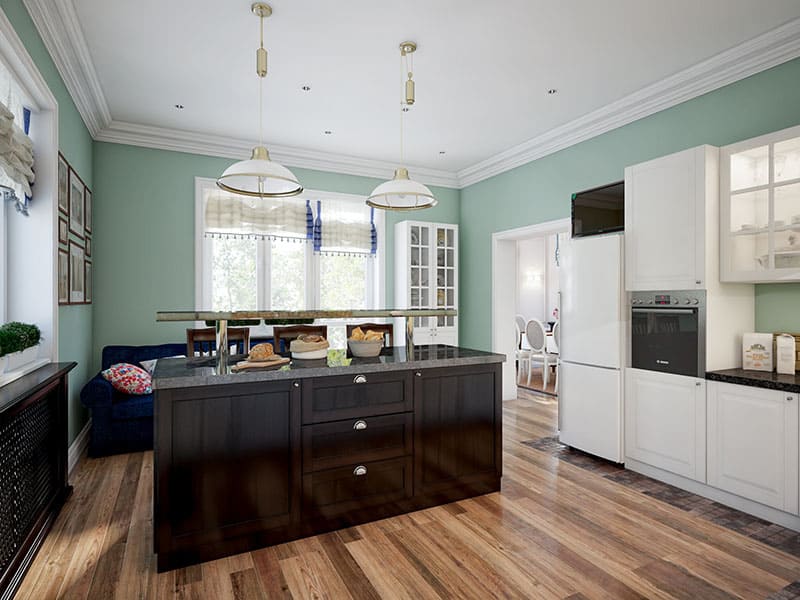 Dark Brown And A Grey Marble Top Island In A Luxury Home