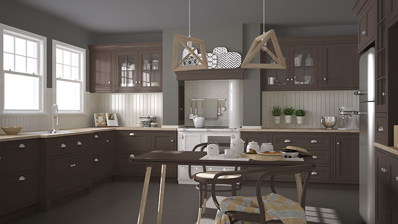 Scandinavian Classic Kitchen Of Wooden And Brown Details Blending With Grey Floor