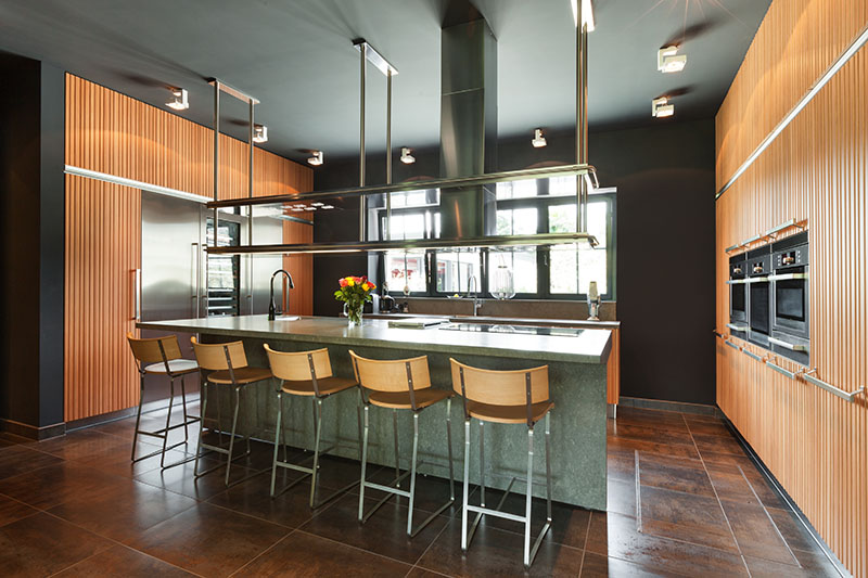 Beaming Wooden Wall Matches The Brown Floor Tile Backsplash