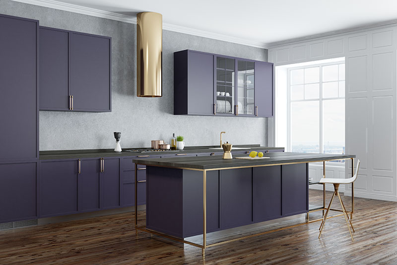 Creative Ordering Of Cabinets The Cool Color Contrasts And A Dark Wood Floor Undertone Creates A Good Conformity