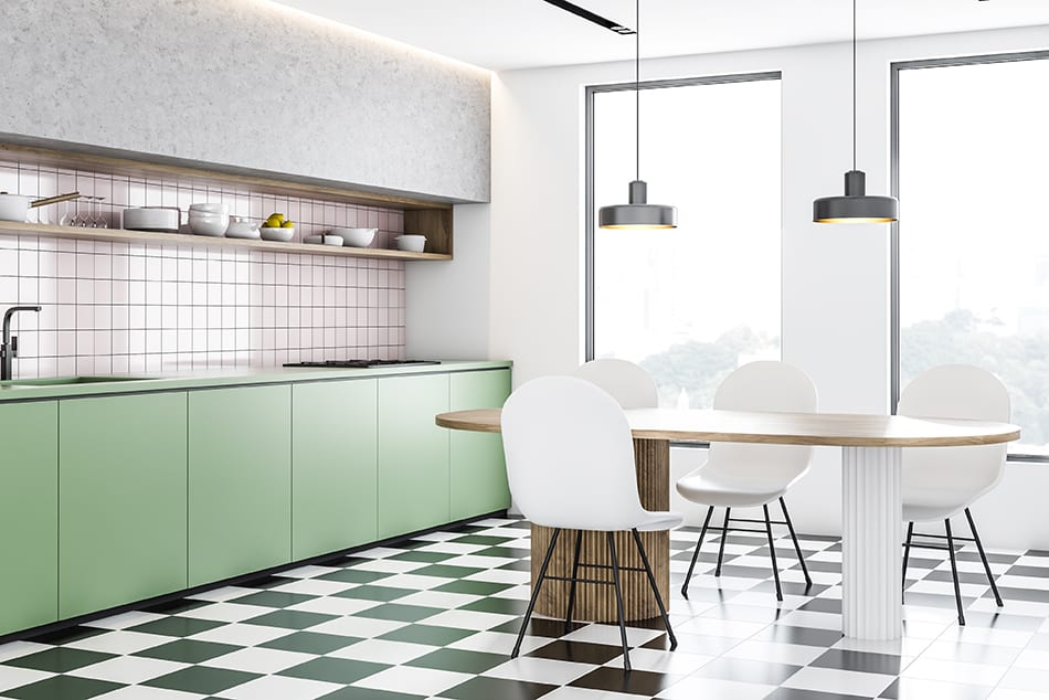 Modern kitchen with checkerboard tile floor