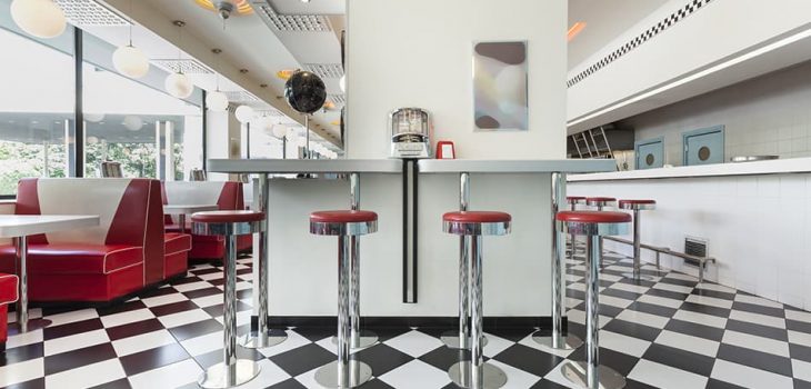 Bar Stools in an American diner restaurant on a checkerboard floor