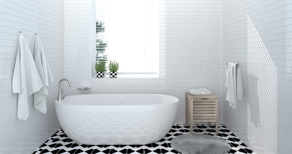 Modern bathroom with checkerboard-tile floor