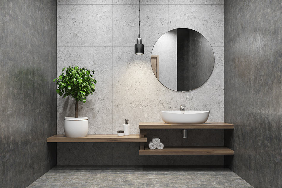 Decorative Concrete Flooring Bathroom with a wooden self and a sink on it