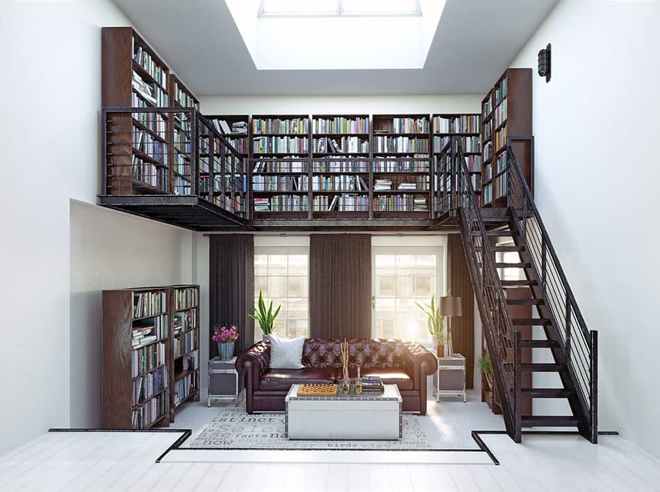 Mezzanine level bookshelf as a library