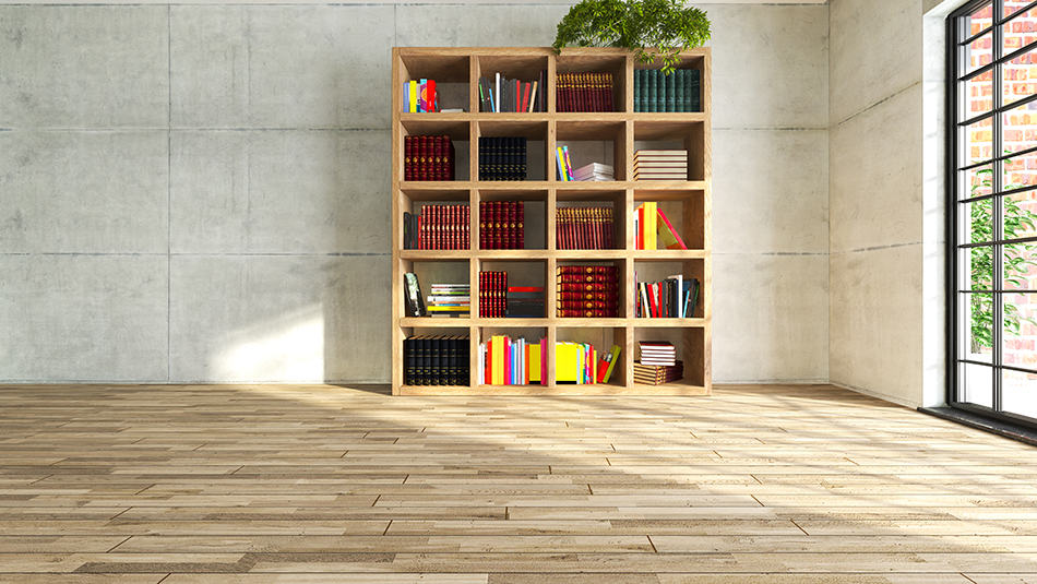 Open wooden shelves to match the floor