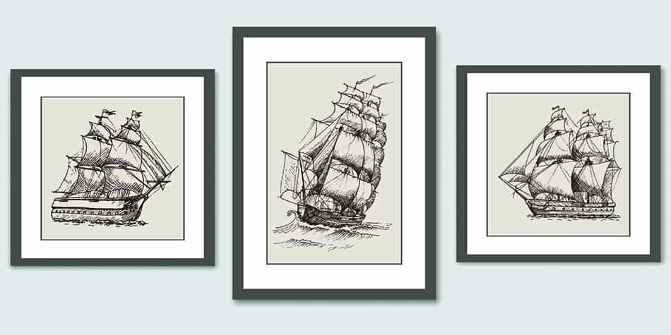 Framed Hand-drawn Ships on the Wall