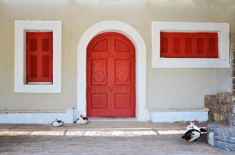 Matching Red Door with Window Shutters