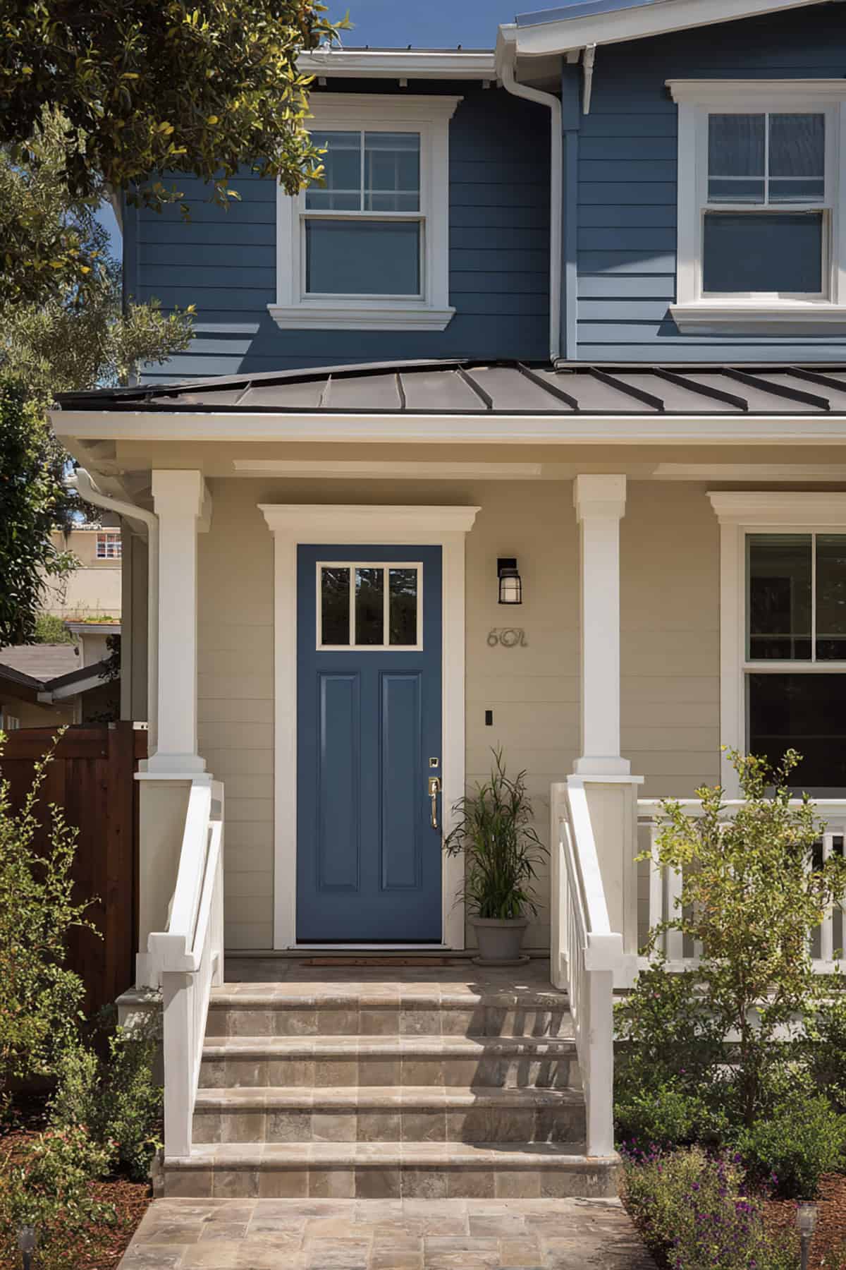 Steel Blue Against Cream Siding
