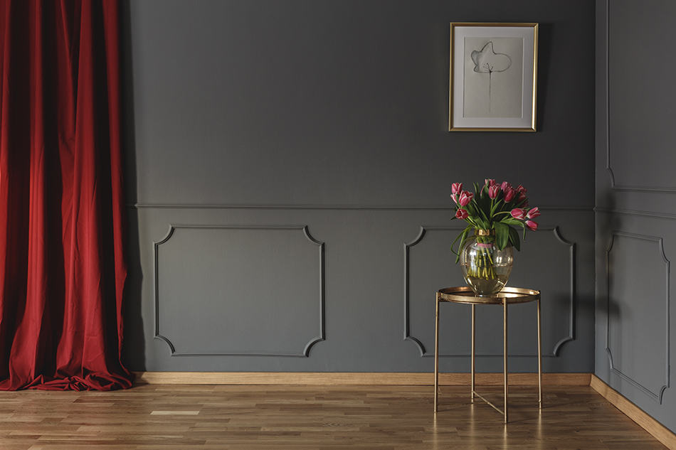 Bright Red Curtain on Dark Grey Wall