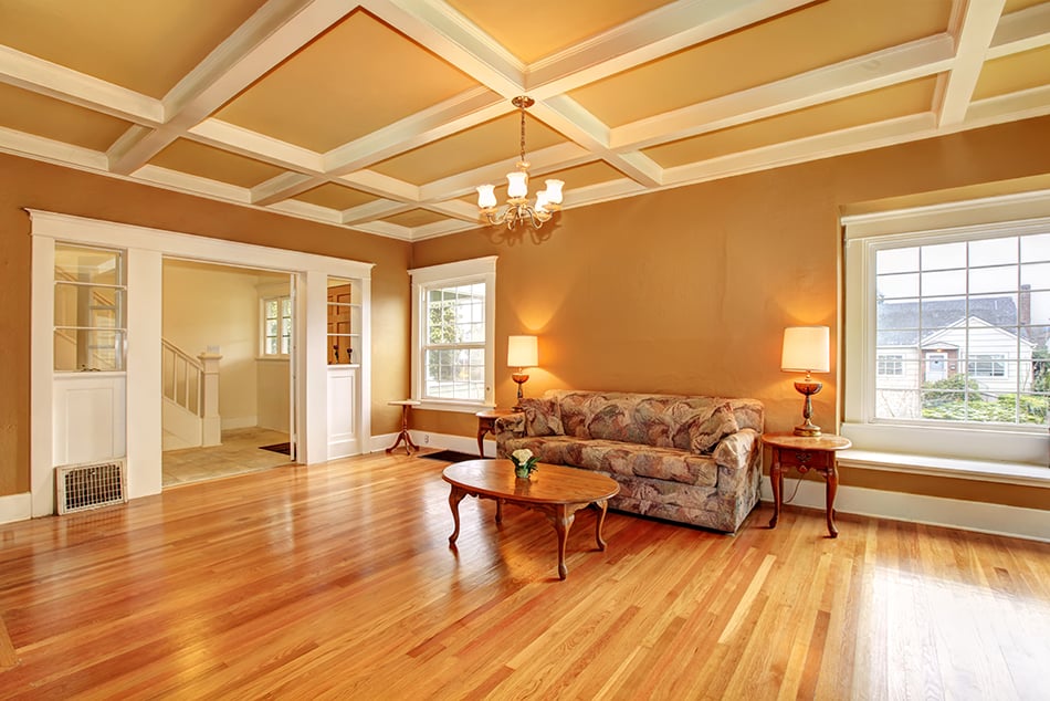 High Coffered Ceiling in a Modern Living Room