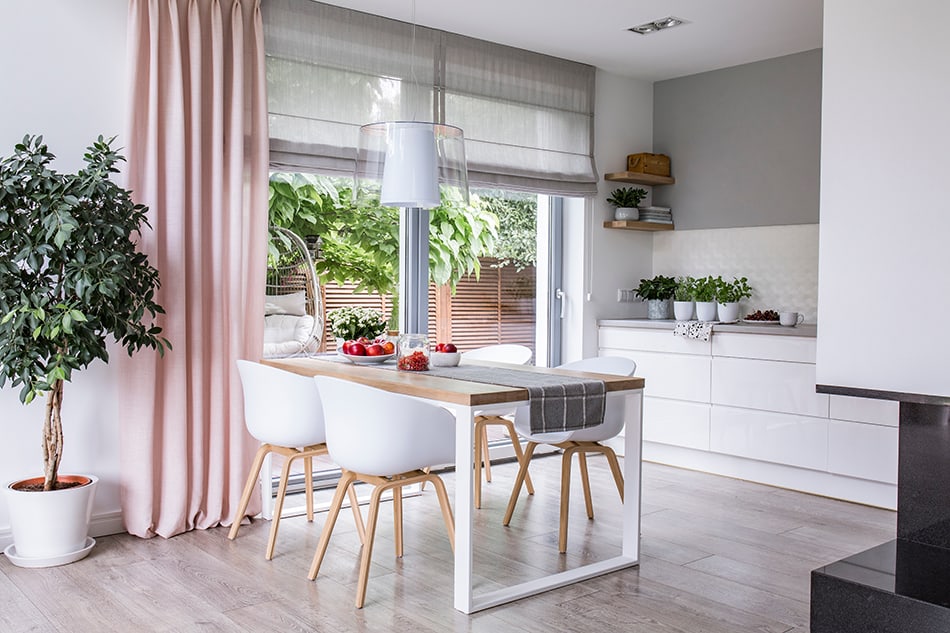 Soft Pink Curtain on Light Grey Walls