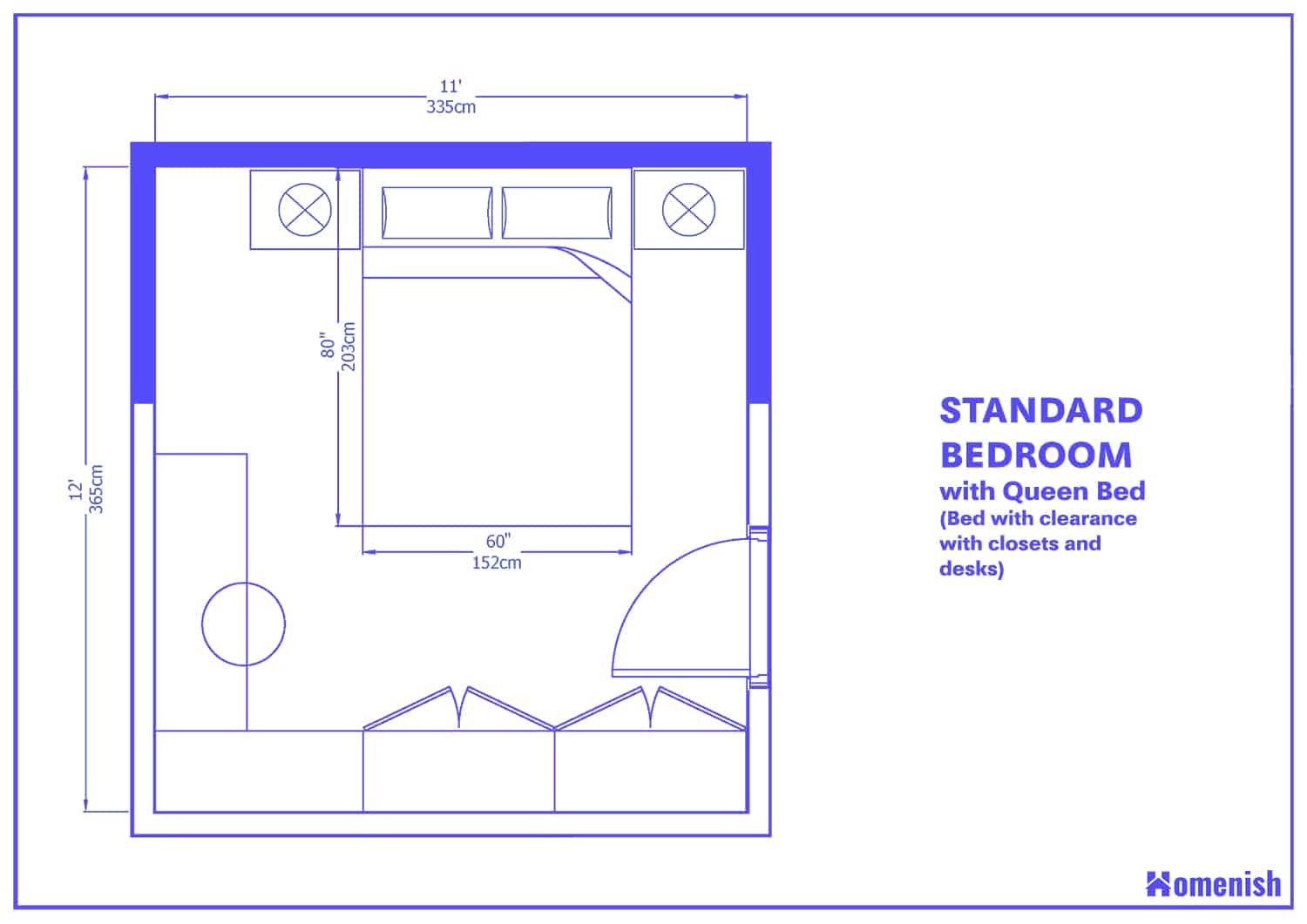 Standard Bed Room Size with a Queen Bed (with Desk, Closet, and Clearance)