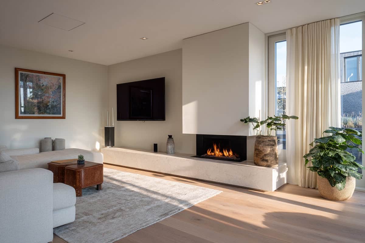 TV Placed Off Center with a Long Floating Hearth