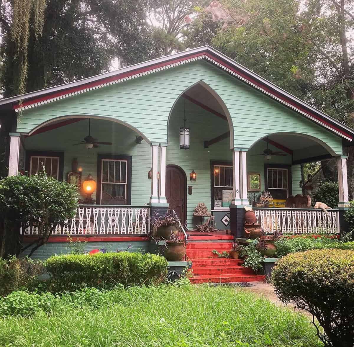 Intricate Vintage Porch Railing with Gothic Arches