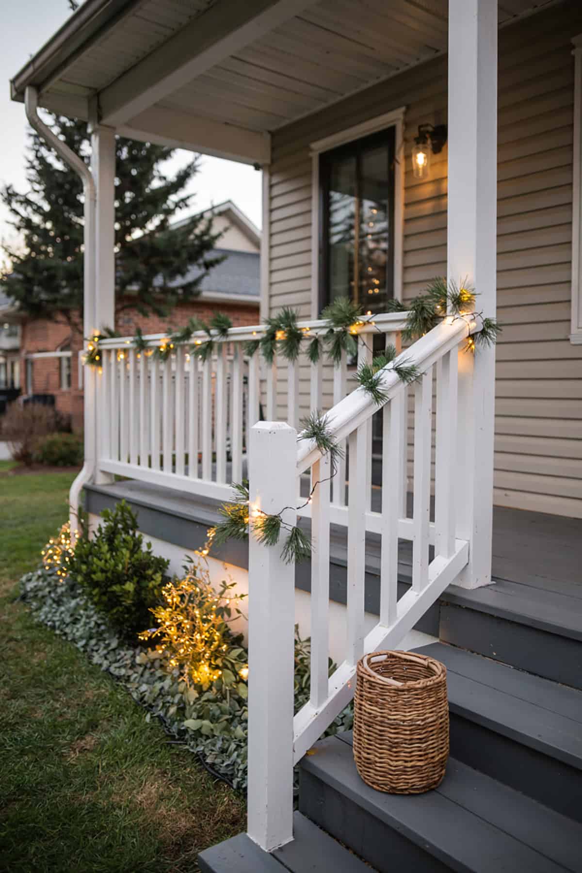 Porch Railings Draped with Lights and Garland