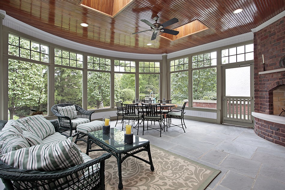 Porch with Blue Stone Tile and Fireplace