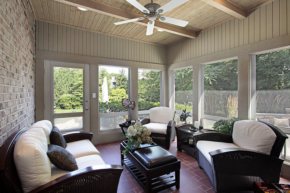 Porch with Brick Wall and Wood Beam Ceiling