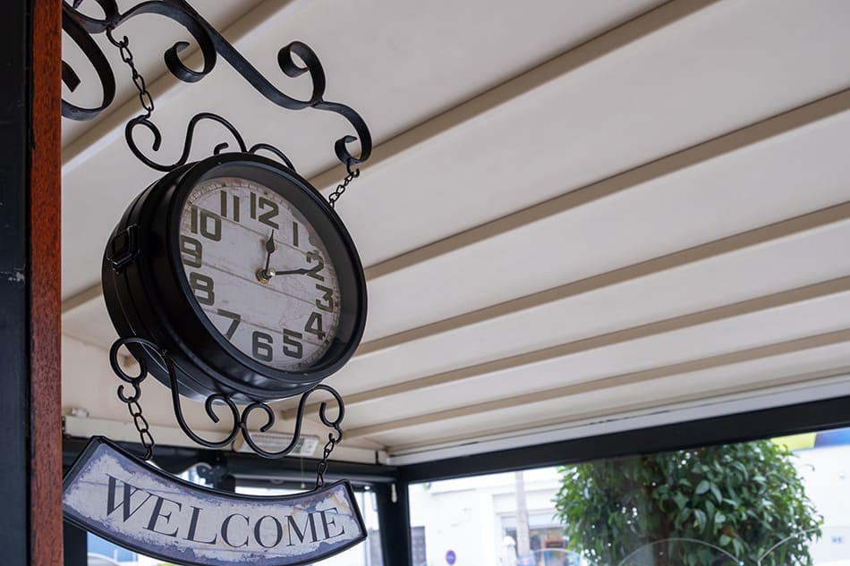 Welcome Sign and Clock