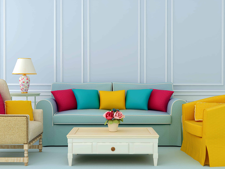 Bold Color Furniture with Blue Walls