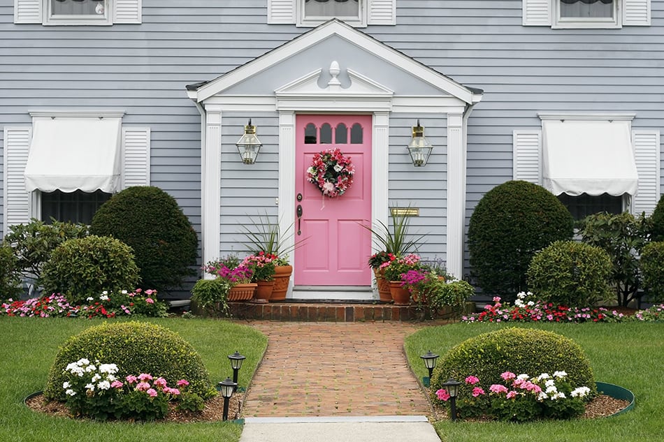 Pretty Pink Front Door and Gray House