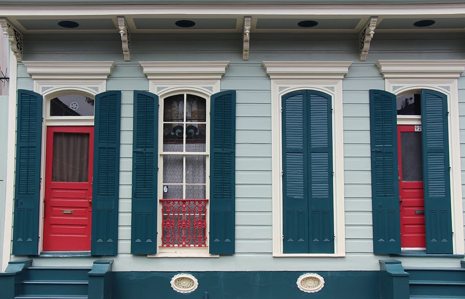 Red Door with Blue Shutters