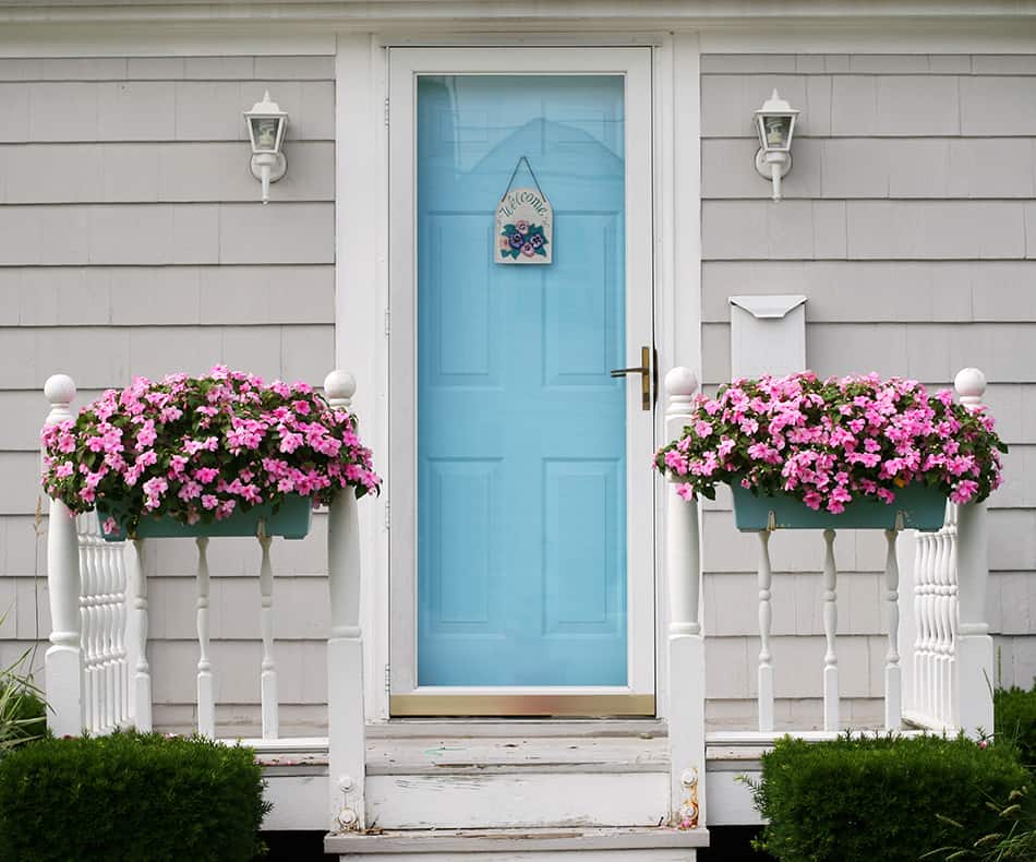 Pool Blue Front Door and Gray House