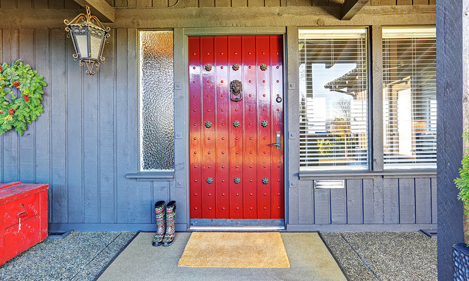 Vibrant Red Front Door and Gray House