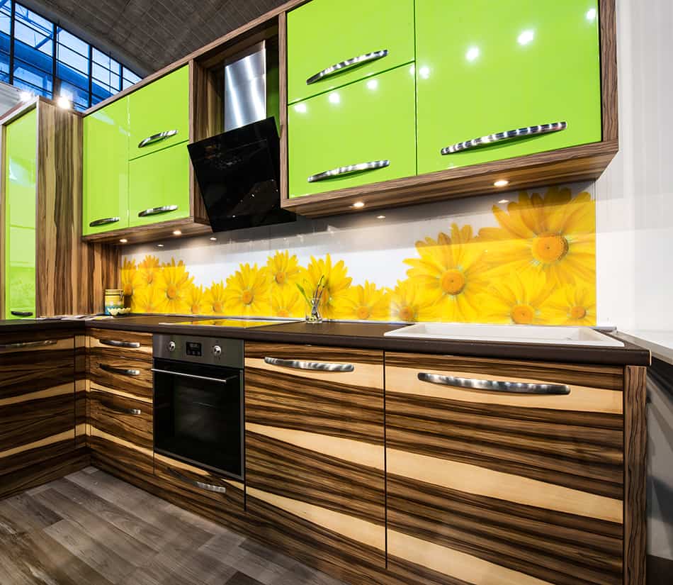 Zebrano base cabinets and lime green wall cabinets