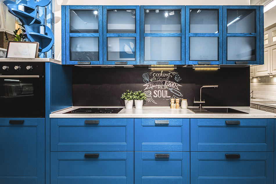 Blue wooden kitchen cabinets for modern and retro theme