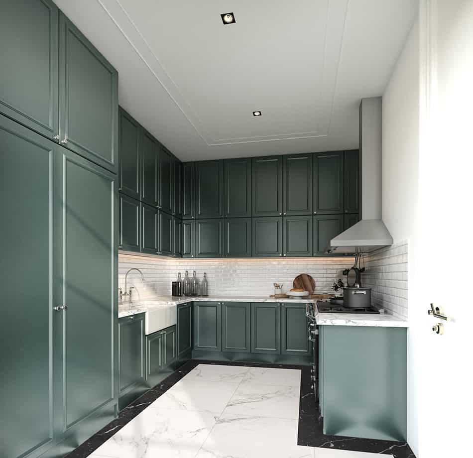 Dark seaweed green wooden cabinets