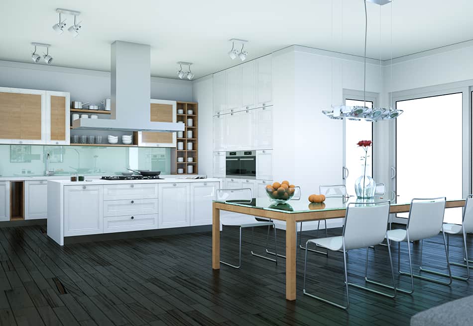 White cabinets contrasting with dark wood floors