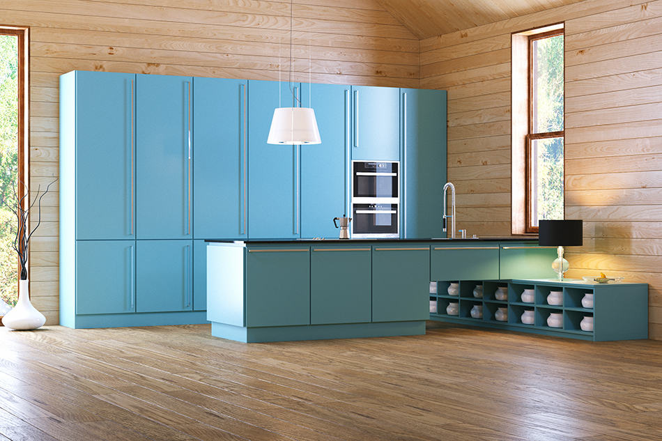 Blue Cabinets in a Light Brown Kitchen