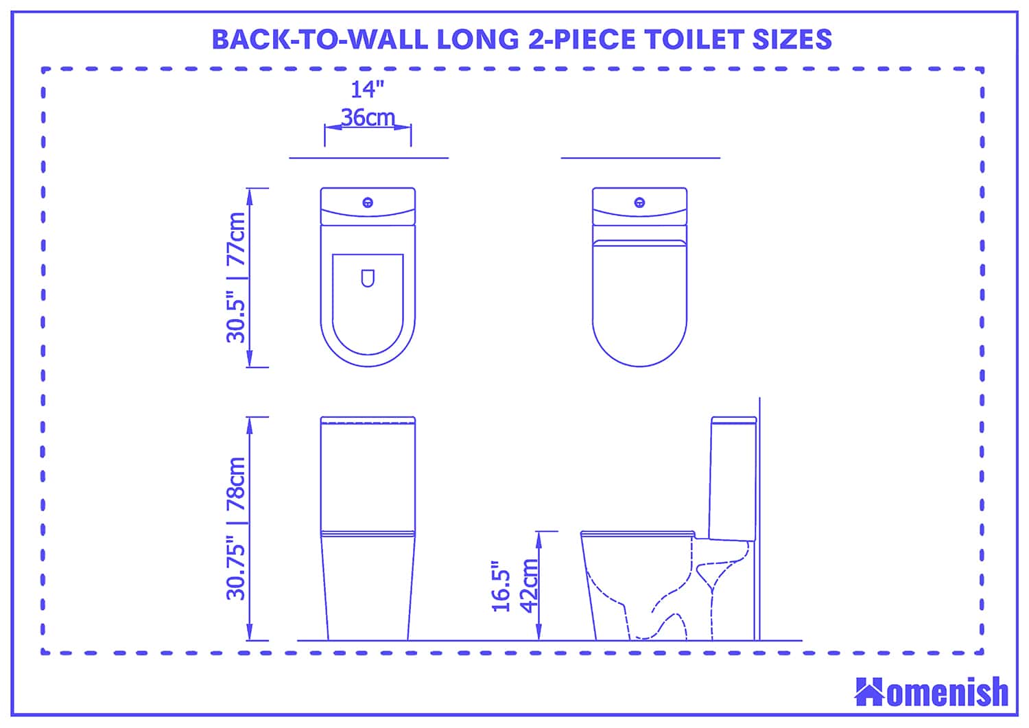 Back to wall long 2 piece toilet sizes