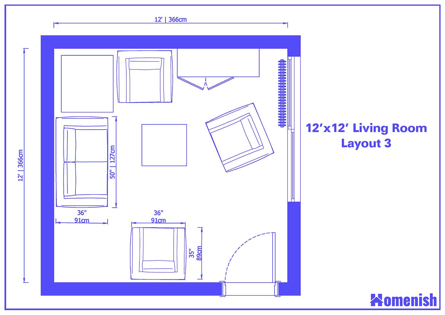 12' x 12' Living Room Layout 3