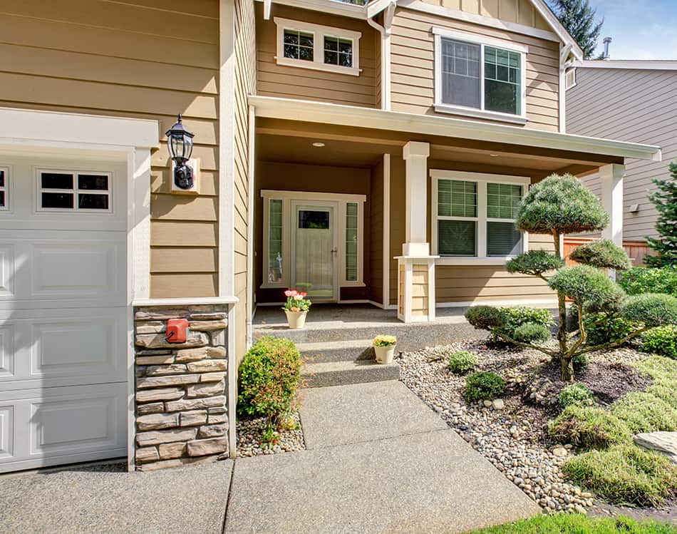 Classic White Front Door and Tan House