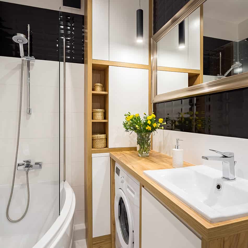 Corner Bathtub with Washing Machine, and Storage