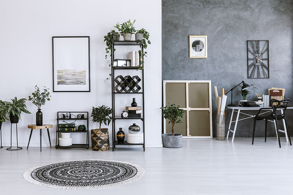 Patterned Round Rug in a Grey and White Home Office