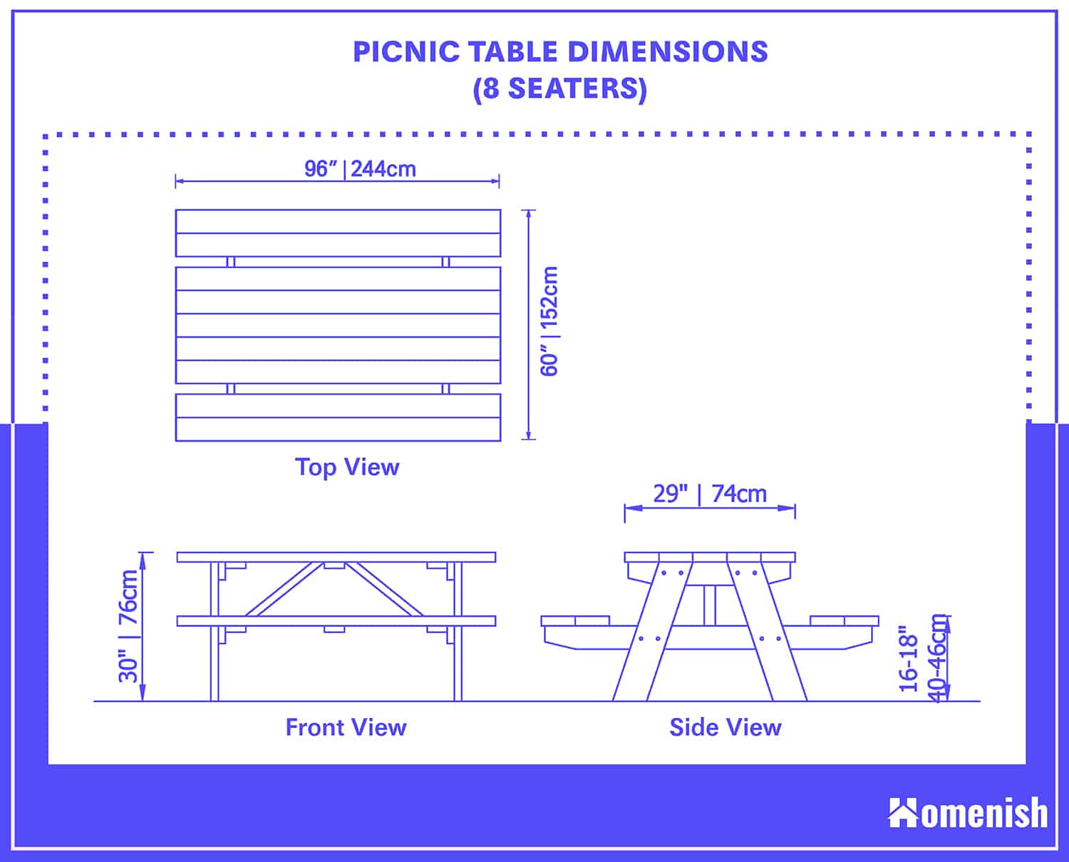 Standard Picnic Table Dimensions With, How Wide Is A Picnic Table Seat