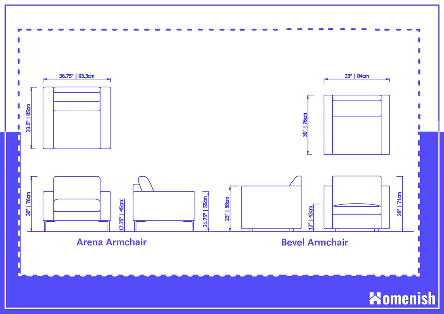 Arena and Bevel Armchair Dimensions