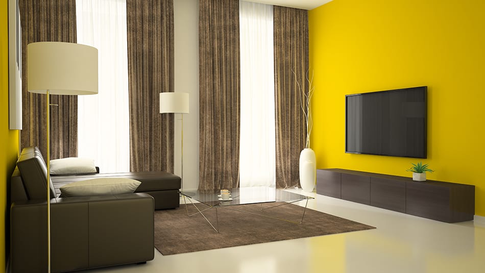 Classic Dark Brown Curtains With Bright Yellow Walls