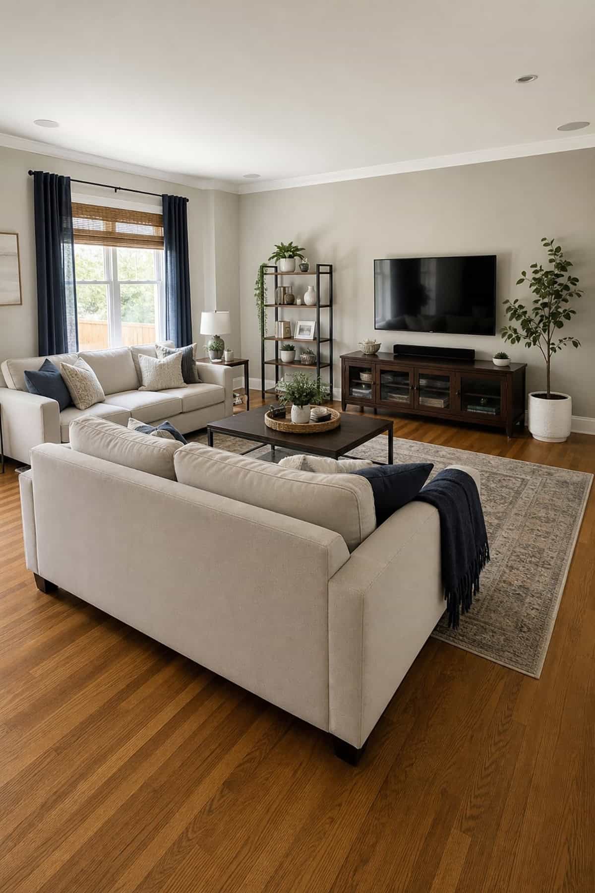 One Sofa Floating and One Against the Wall