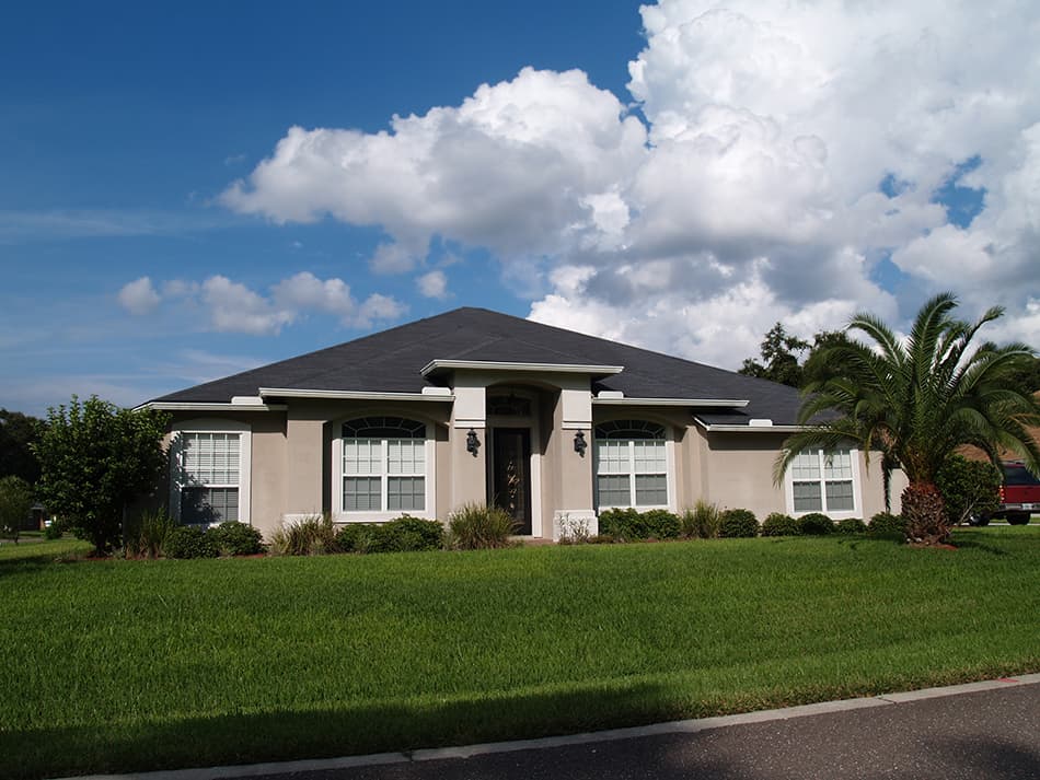 Putty house with a black roof